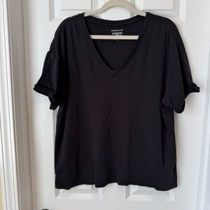 Westbound Roll Cuff Short Sleeve‎ V Neck T Shirt Top - Black - Large
